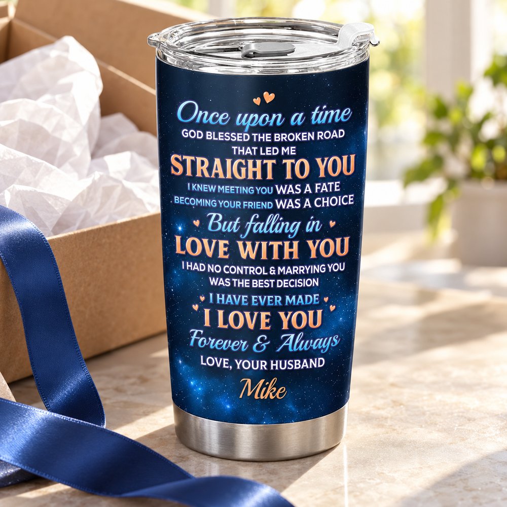 Personalized husband to wife 20oz tumbler presented with a gift box and ribbon