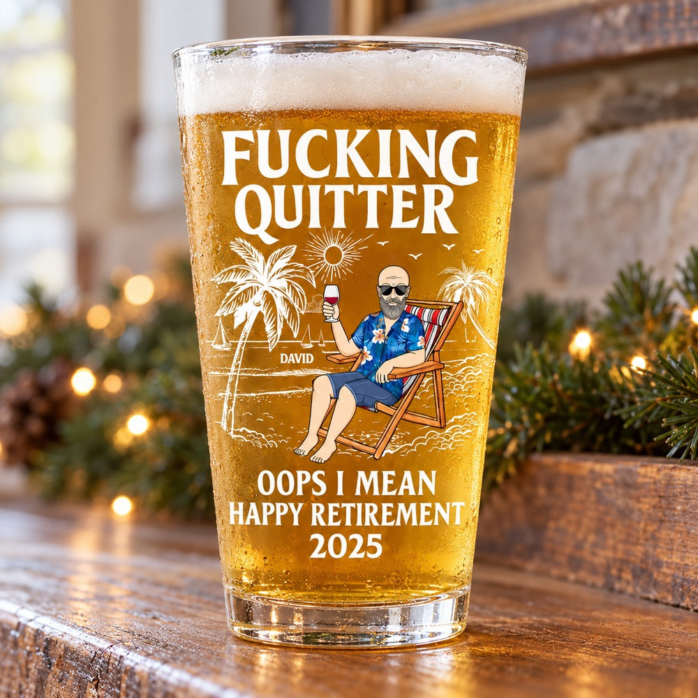 Personalized retirement pint glass for David on a festive holiday mantel with pine garland
