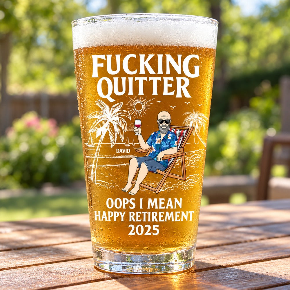 Oops I Mean Happy Retirement personalized beer glass on a sunny patio table