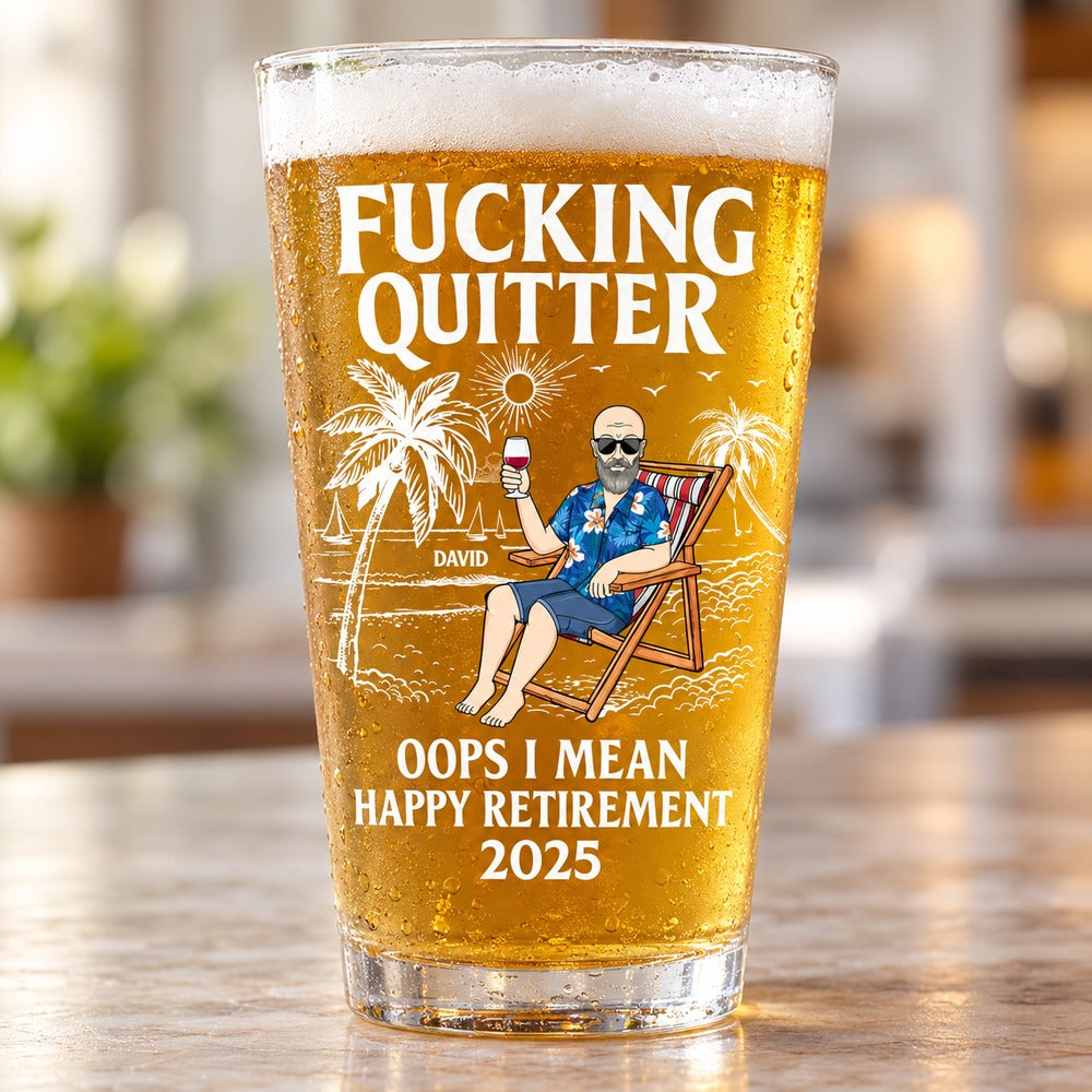Close-up detail of UV print on personalized retirement beer glass showing beach chair art
