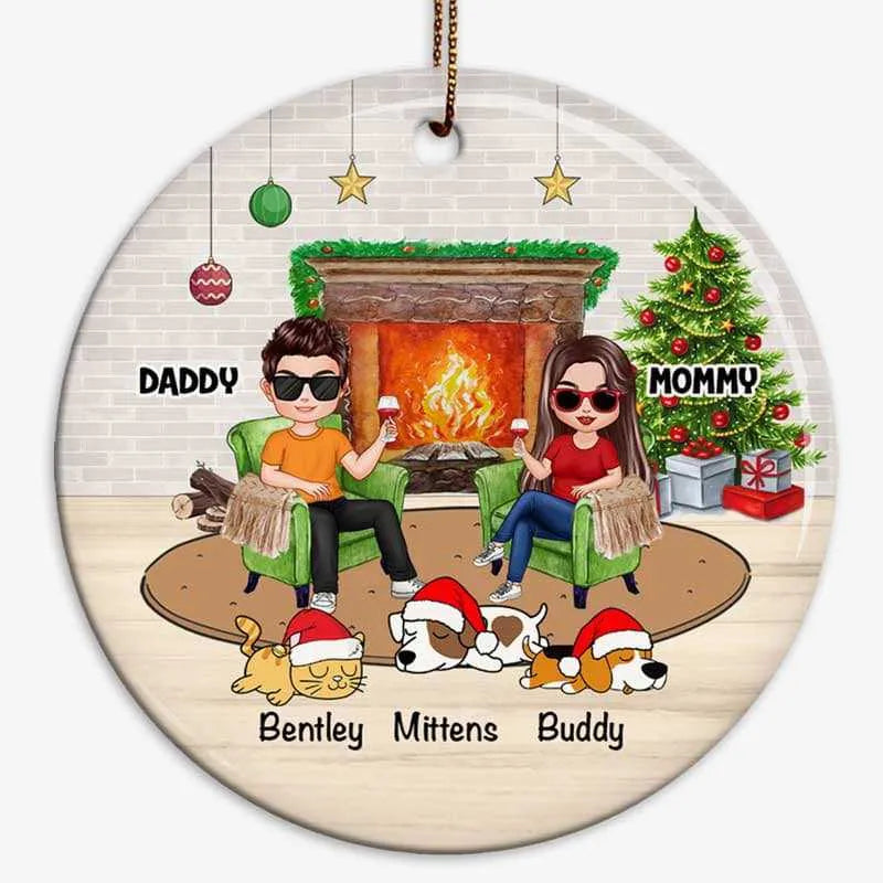 Doll Couple And Dogs Cats - Personalized Circle Ceramic Ornament - Christmas Gift For Couple, Husband, Wife, Pets Lovers 2