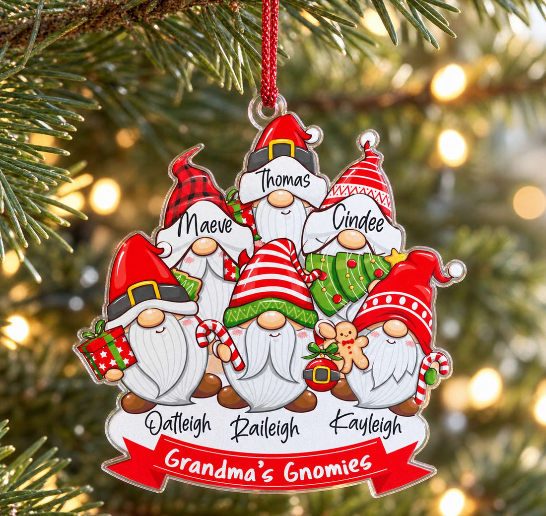 Custom shaped acrylic Christmas family gnome ornament hanging on a pine tree branch