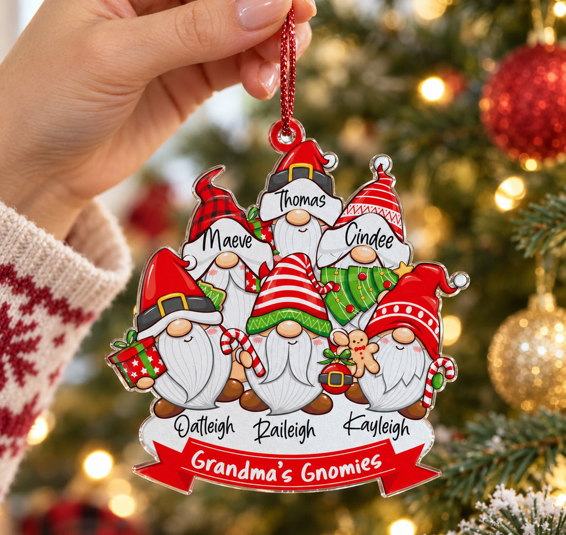 Hand holding the 3.5 inch custom shaped Christmas family gnome acrylic ornament to show real size