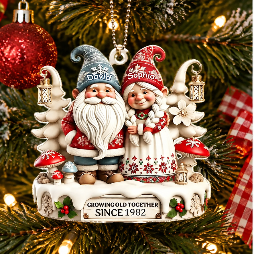 Gnomie Couple Growing Old Together - Personalized Wood Ornament - Christmas Gift For Her/Him, Husband/Wife, Couple On Anniversary
