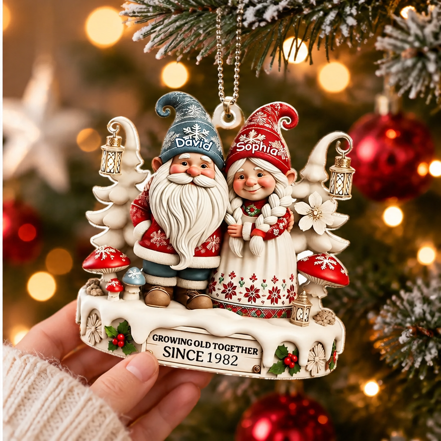 Gnomie Couple Growing Old Together - Personalized Wood Ornament - Christmas Gift For Her/Him, Husband/Wife, Couple On Anniversary