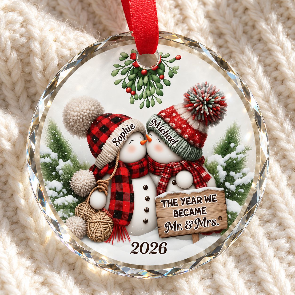 Close-up detail of beveled glass edge and snowman print on personalized Mr and Mrs ornament