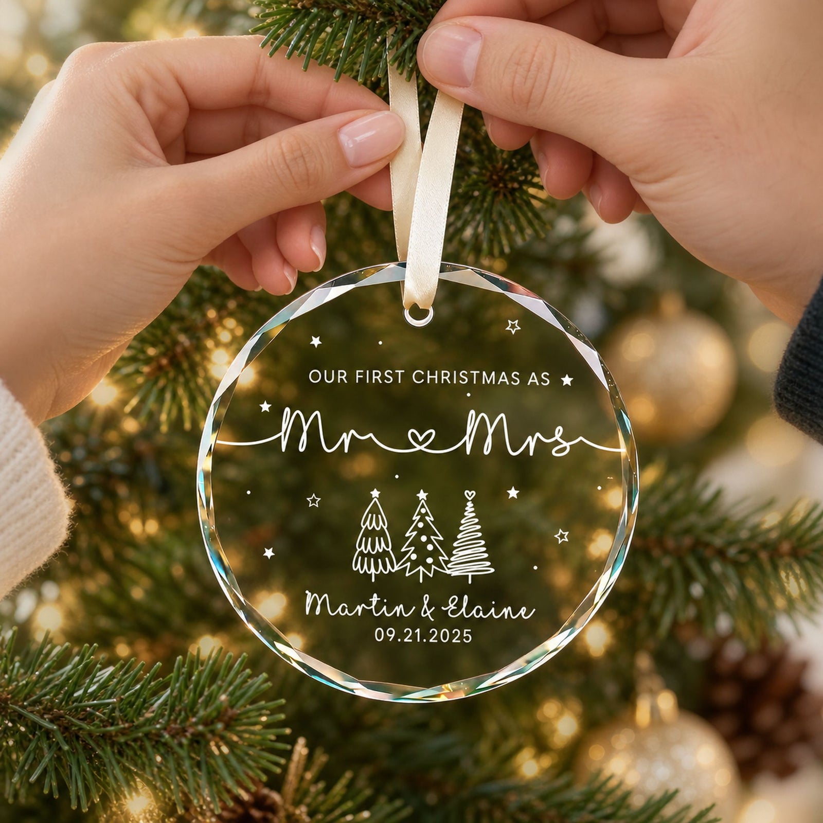 Newlywed couple hanging Our First Christmas as Mr and Mrs personalized circle glass ornament on tree
