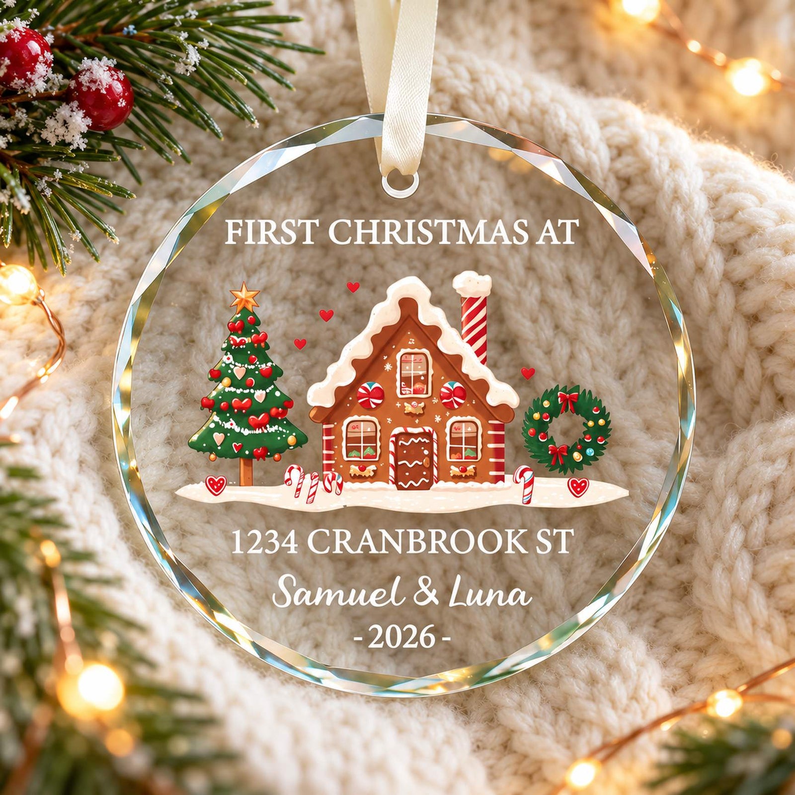 Personalized First Christmas At New Home circle glass ornament lying on a cream knit blanket with pine sprigs