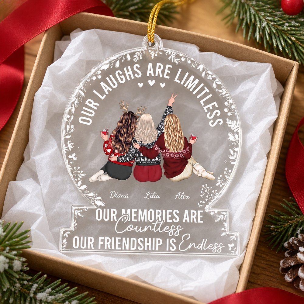 Personalized friendship acrylic ornament in a holiday gift box with red ribbon