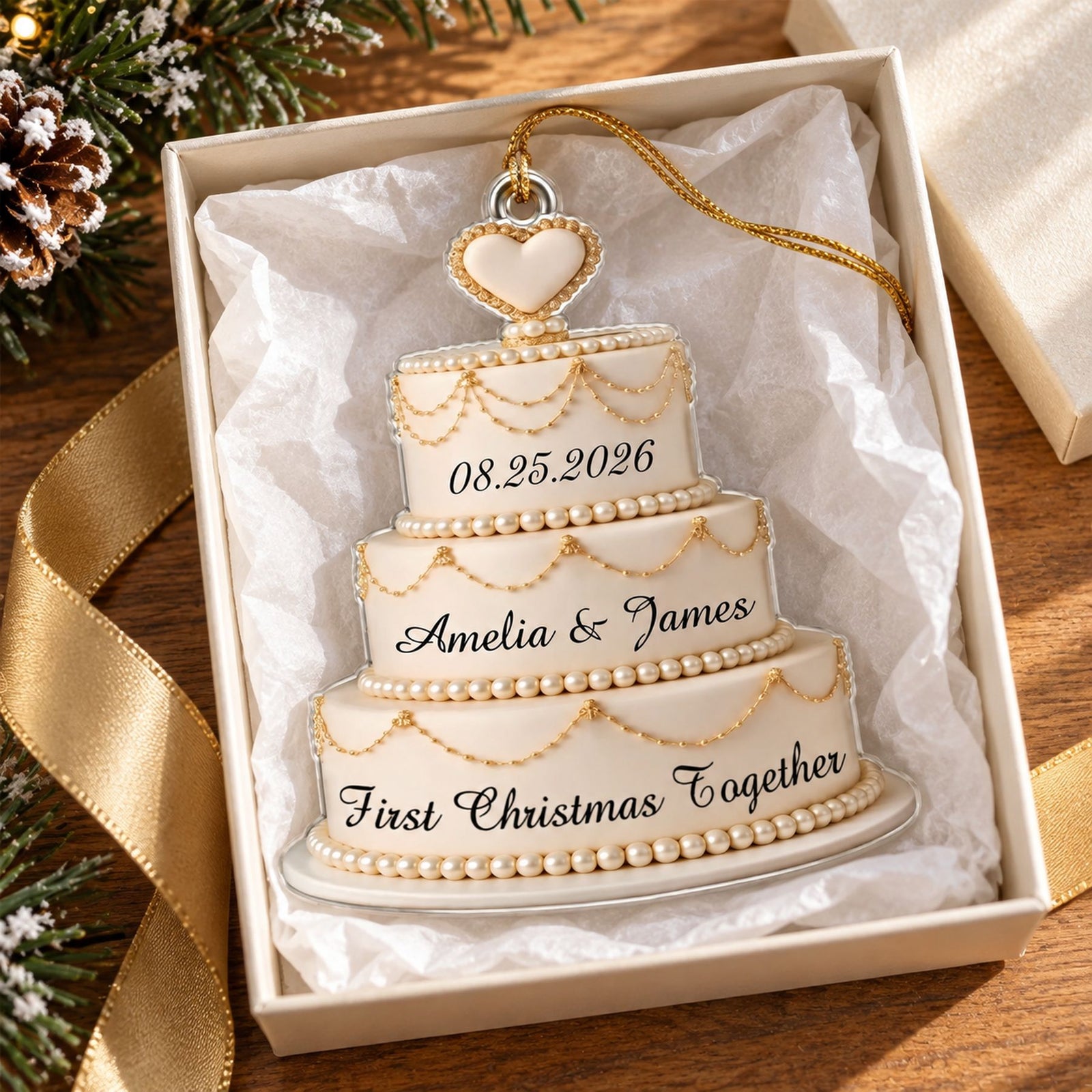 Personalized newlywed Christmas acrylic ornament inside a holiday gift box with ribbon