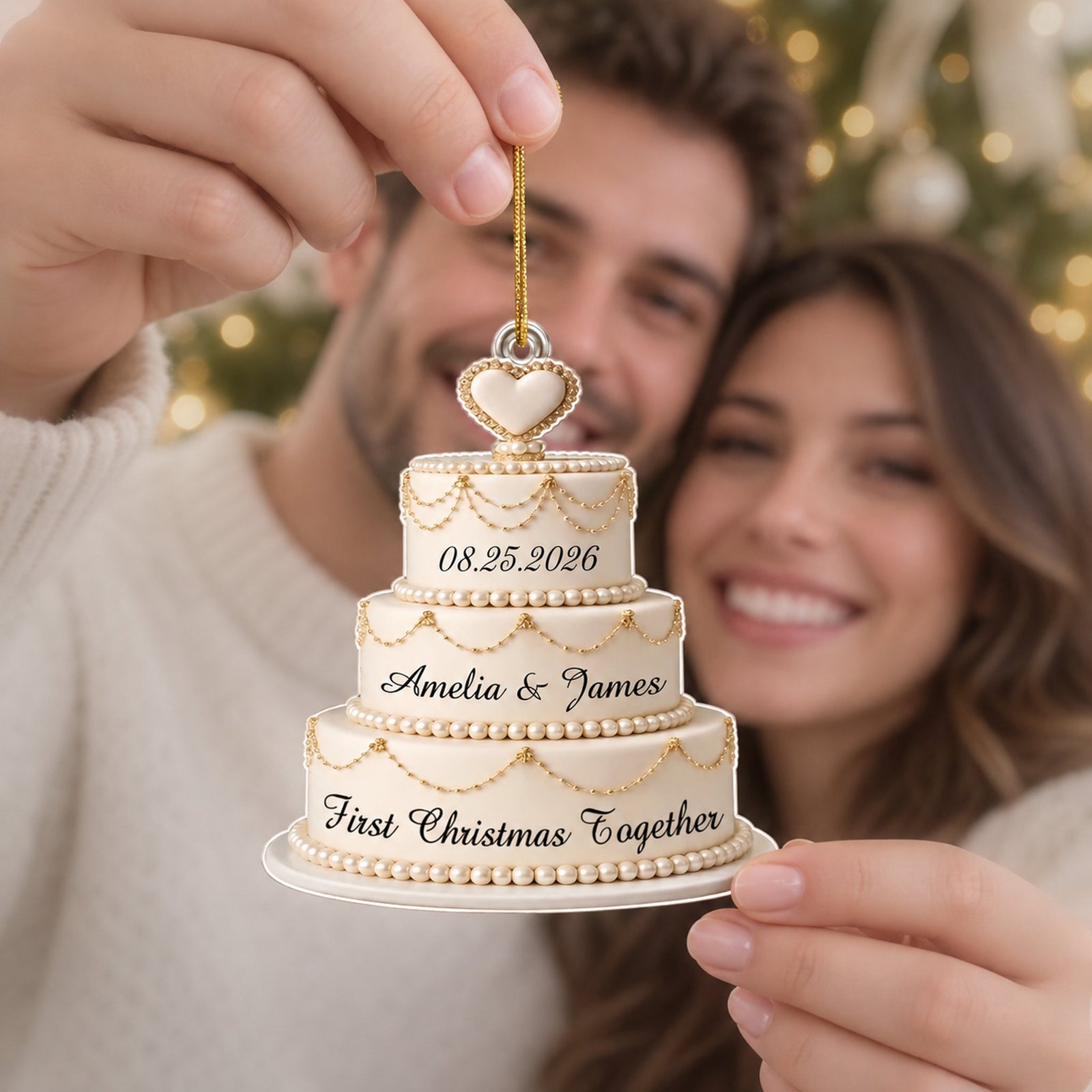 Happy newlywed couple holding their personalized first Christmas together cake ornament
