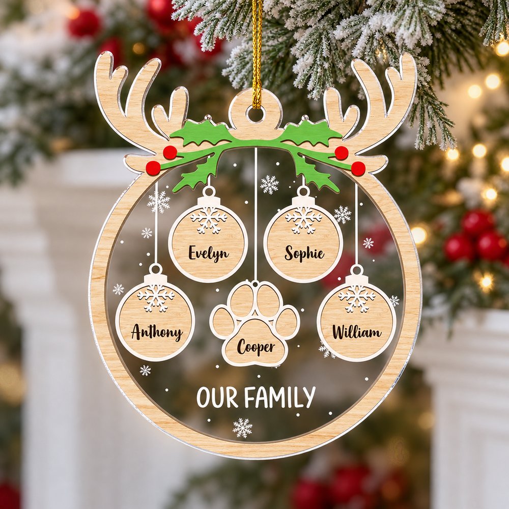 Personalized family paw charm acrylic ornament hanging on a Christmas mantel garland