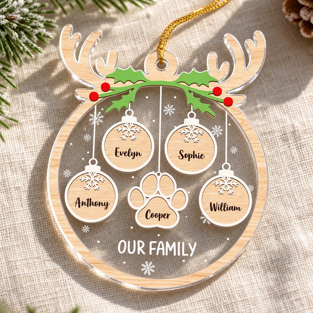 Macro closeup of custom shaped clear acrylic family ornament print and laser cut edge