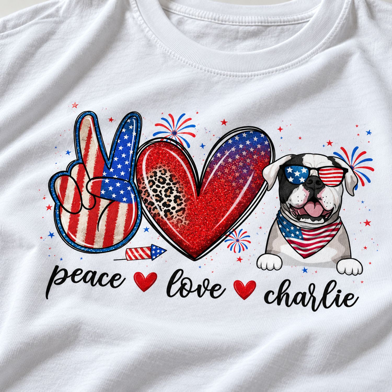 Close up detail of Peace Love Charlie patriotic dog print on white cotton shirt