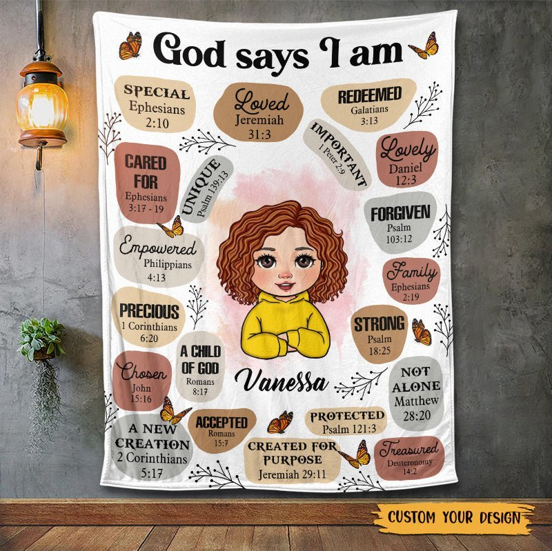 Personalized God Says I Am Special fleece blanket, spread across a bed