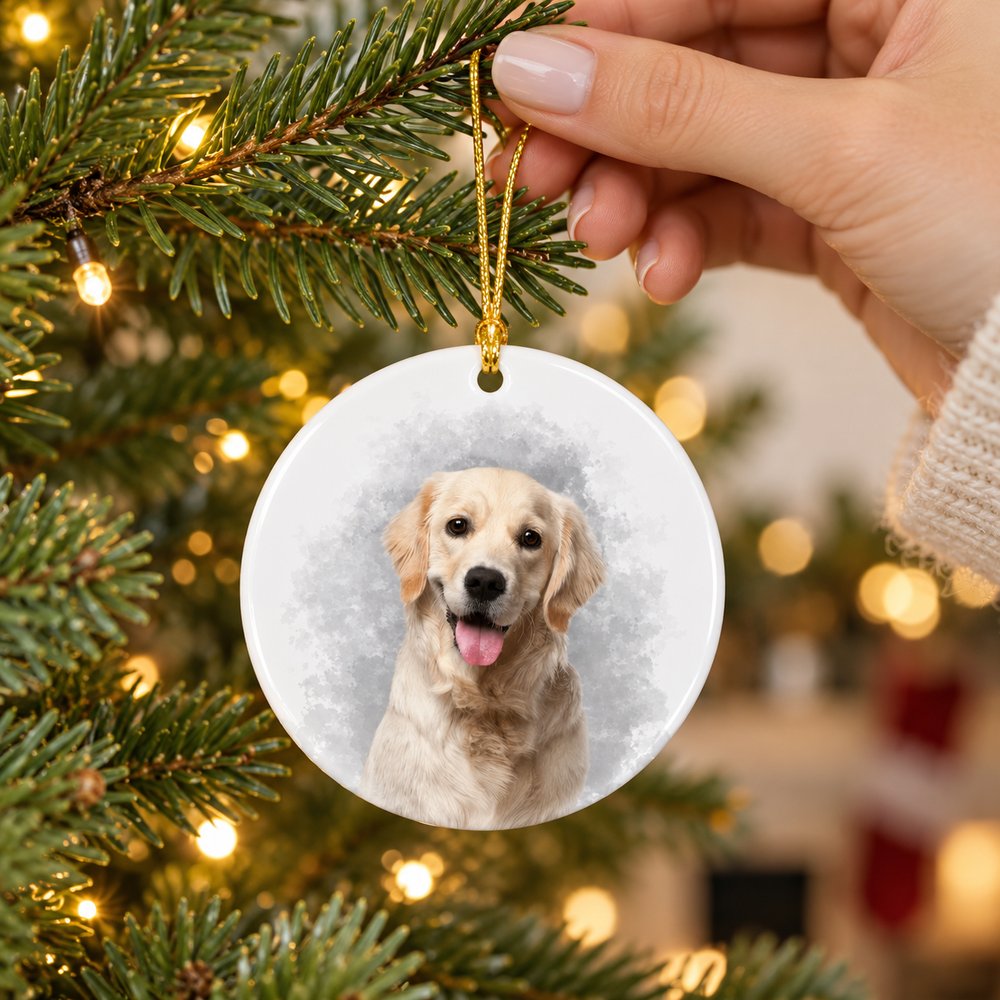 Custom watercolor dog photo circle ceramic ornament being hung on a Christmas tree branch