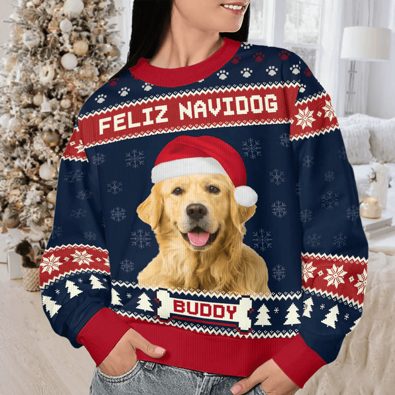 Custom Photo Feliz Navidog, Merry Woofmas ugly Christmas sweater, alternate view 2