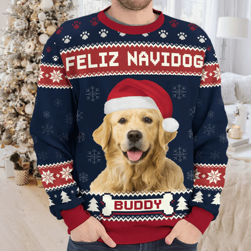 Custom Photo Feliz Navidog, Merry Woofmas ugly Christmas sweater, alternate view 3