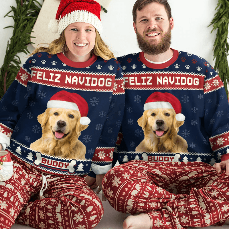 [Photo Inserted] Feliz Navidog, Merry Woofmas - Personalized Custom Ugly Sweatshirt Unisex Jumper - Funny Christmas Ugly Sweater Gifts For Dog Owners, Dog Lovers, Dog Mom, Dog Dad - Suzitee Store