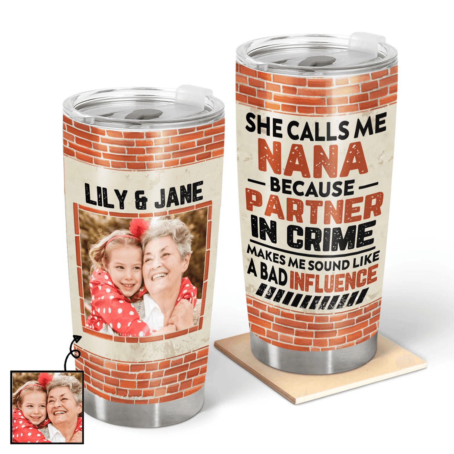 [Photo Inserted] Partners In Crime - Personalized Custom 20oz Fat Tumbler Cup - Birthday, Loving, Funny Gift for Grandma/Nana/Mimi, Mom, Wife, Grandparent - Suzitee Store