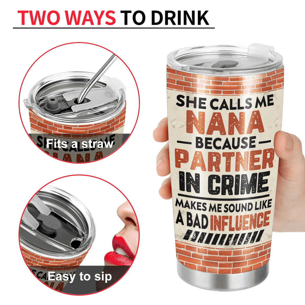 [Photo Inserted] Partners In Crime - Personalized Custom 20oz Fat Tumbler Cup - Birthday, Loving, Funny Gift for Grandma/Nana/Mimi, Mom, Wife, Grandparent - Suzitee Store