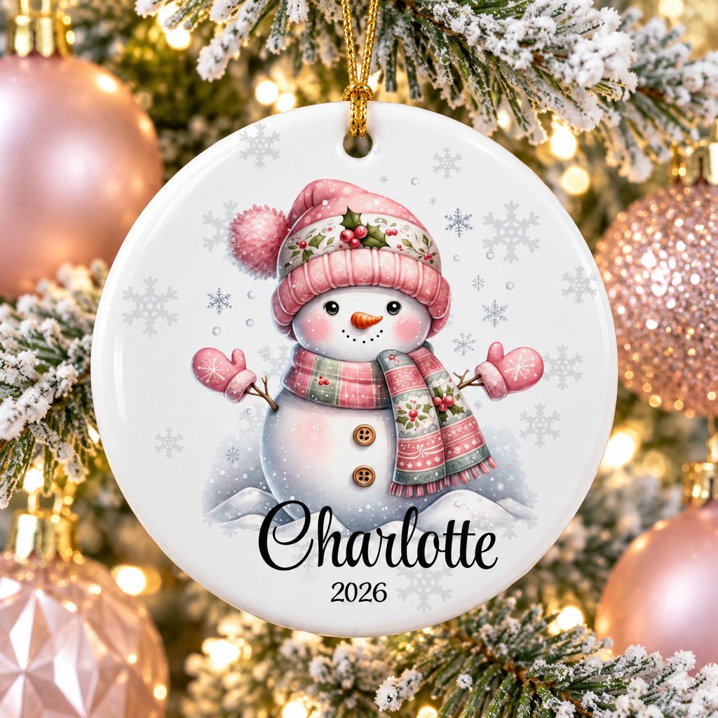 Pink Snowman Personalized Ceramic Ornament hanging on a Christmas tree branch