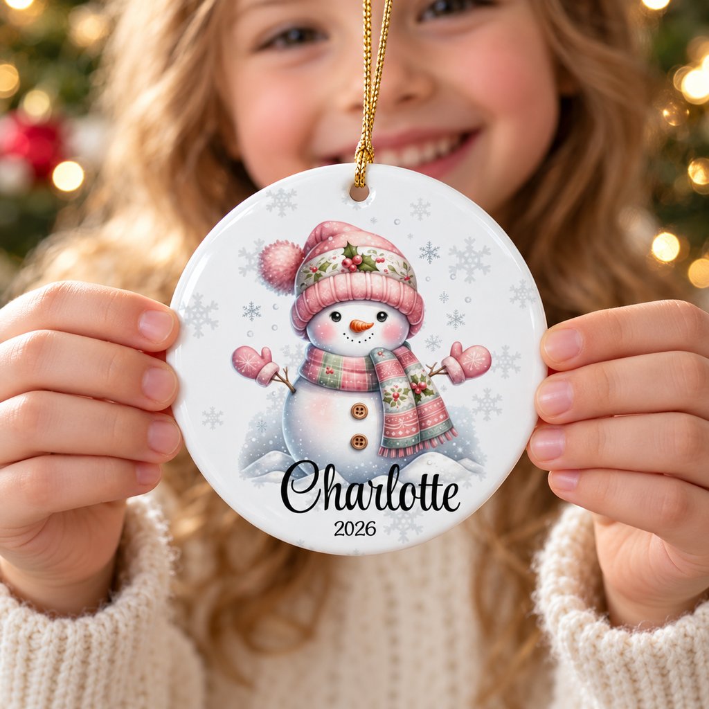 Daughter holding her personalized Pink Snowman Christmas ceramic ornament