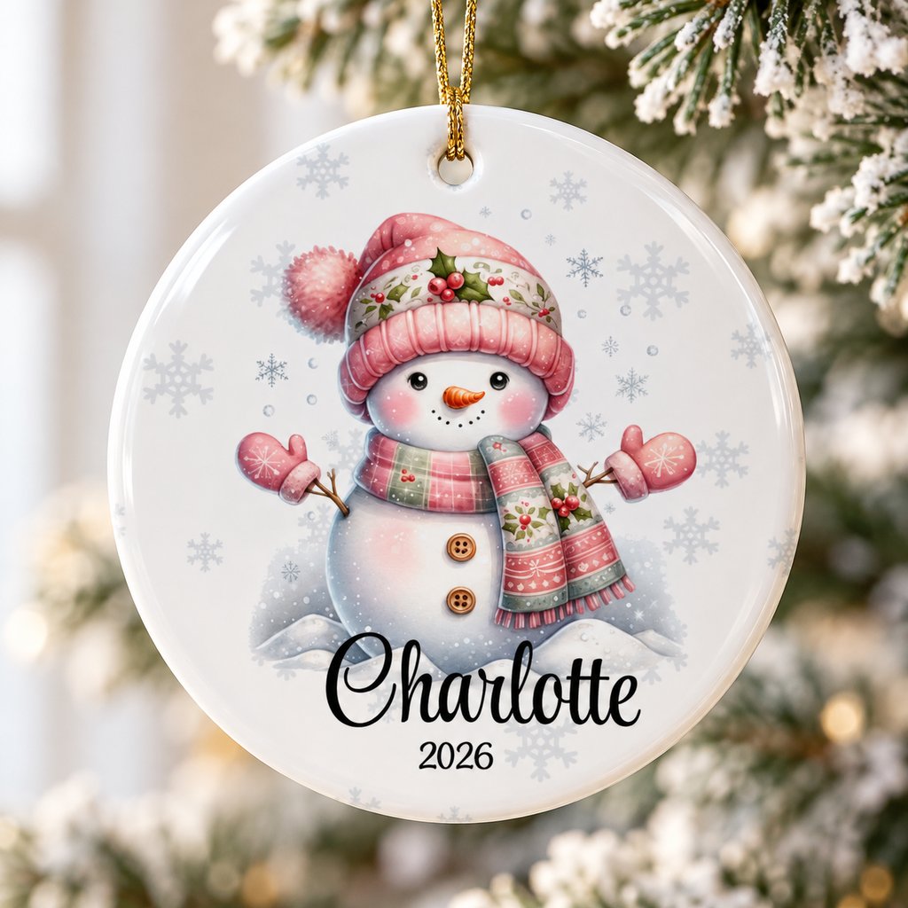 Close-up detail of glossy ceramic finish and pink snowman print on ornament