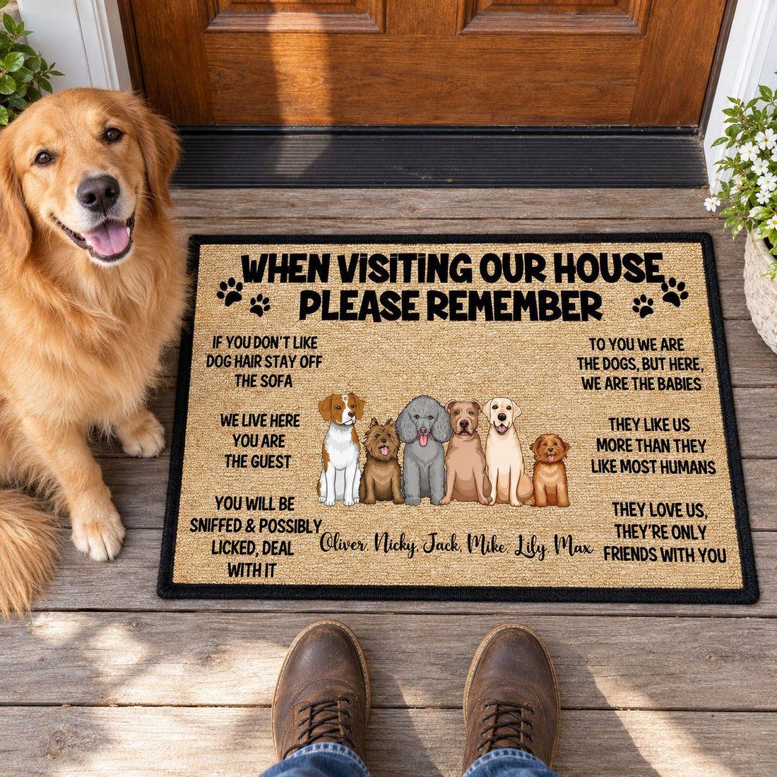 Personalized dog house rules doormat at a front door with a golden retriever sitting beside it
