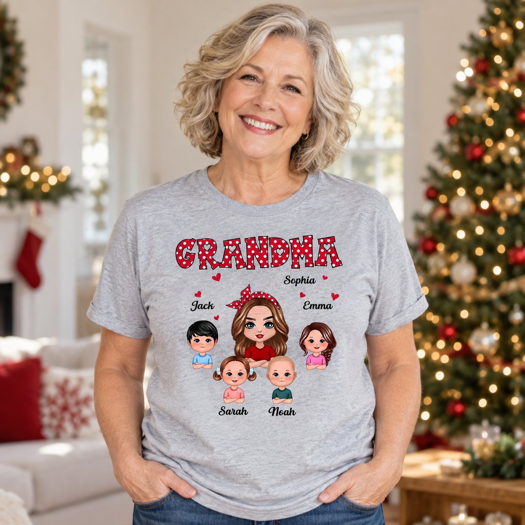 Grandma wearing personalized polka dot grandma and grandkids custom t-shirt in a bright holiday living room