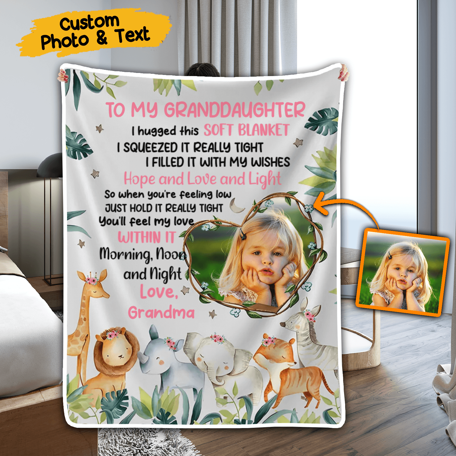 Custom Photo Safari Animals Nursery Blanket For Grandkids | Personalized Gift For Granddaughters, Grandsons, Daughters, Sons | Blanket - Suzitee Store