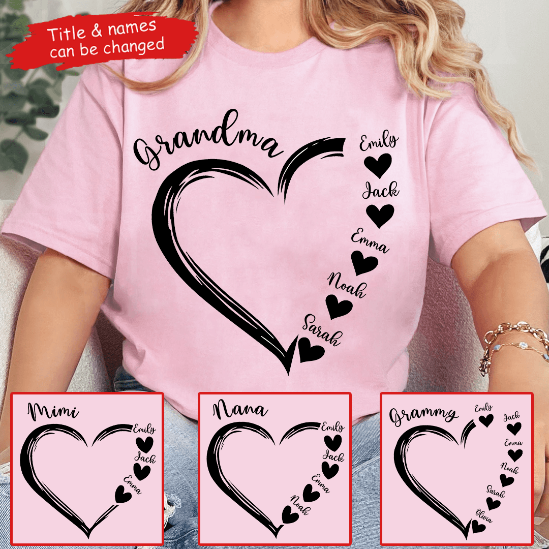 Grandma Sweet Heart With Grandkids Name - Personalized Custom T Shirt - Birthday, Loving, Funny Gift for Grandma/Nana/Mimi, Mom, Wife, Grandparent