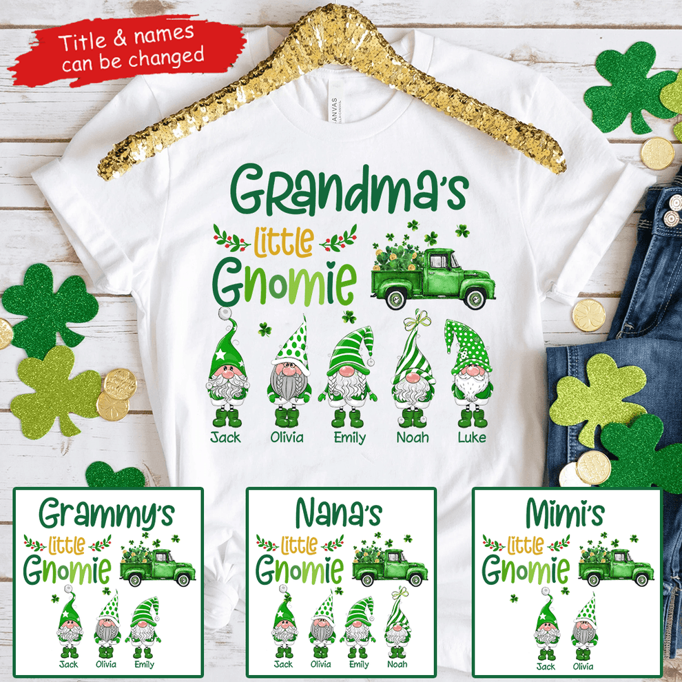 Grandma's Little Gnomies St. Patrick’s Day - Personalized Custom T Shirt - St. Patrick's Day, Birthday, Loving, Funny Gift for Grandma/Nana/Mimi, Mom, Wife, Grandparent - Suzitee Store