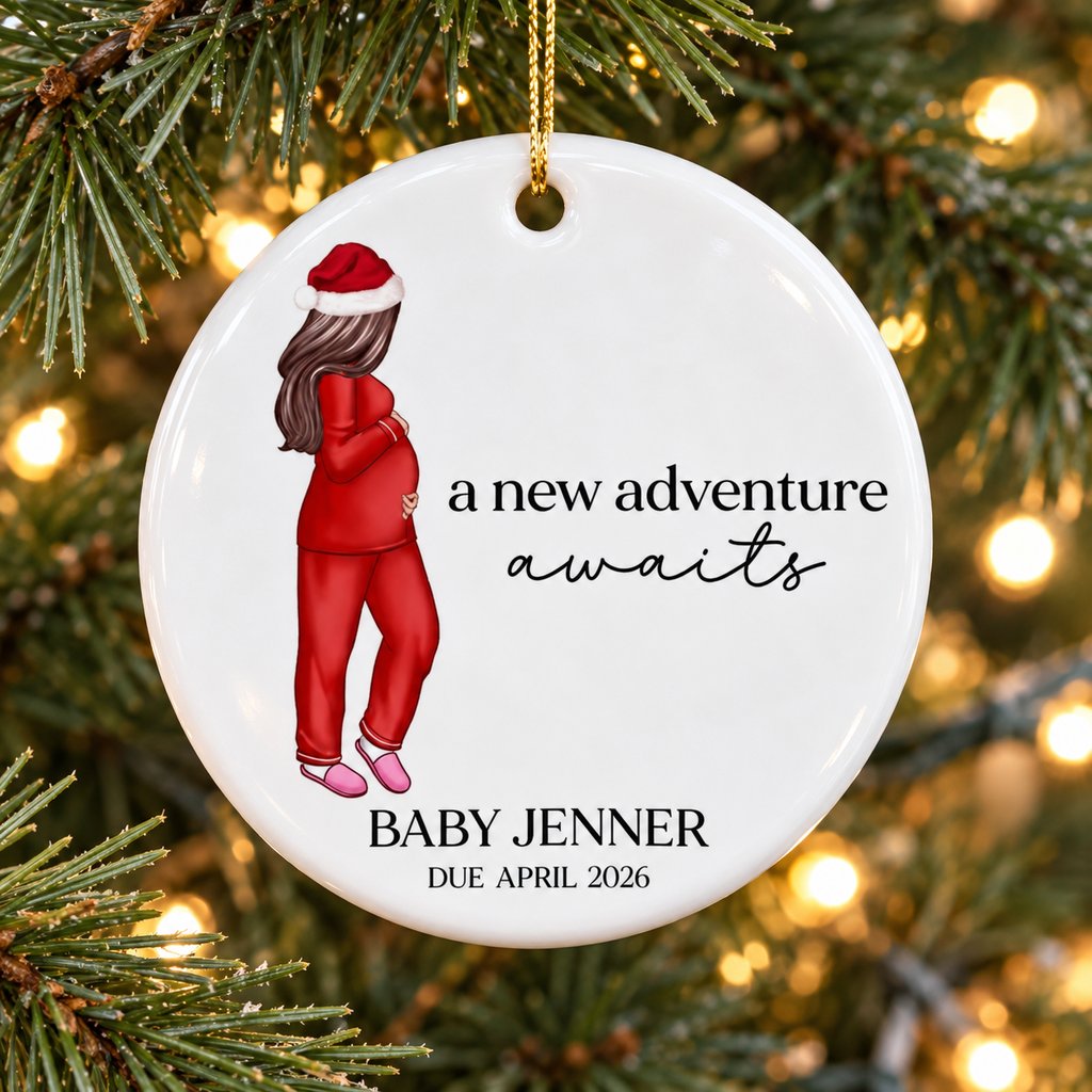 Personalized pregnant mom ceramic ornament hanging on a green Christmas tree branch