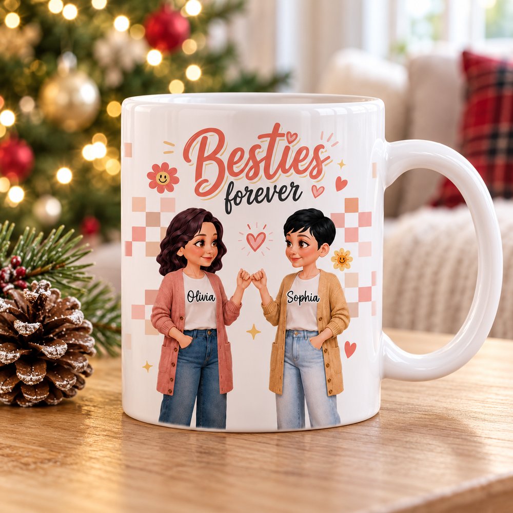 Personalized Besties Forever white ceramic mug on a wooden table near a Christmas tree