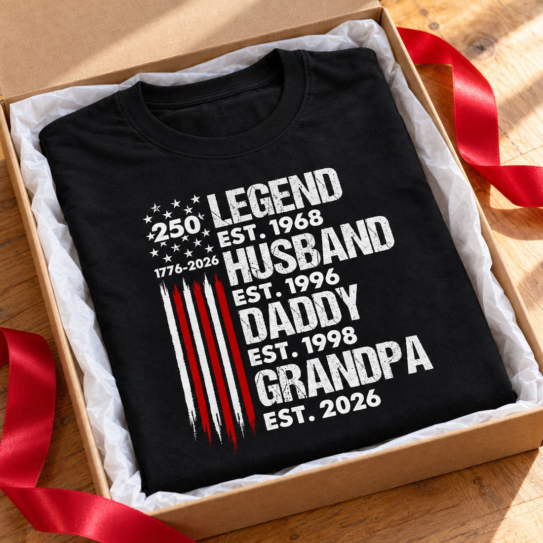 Personalized Grandpa Legend 250th anniversary black t-shirt folded in a holiday gift box