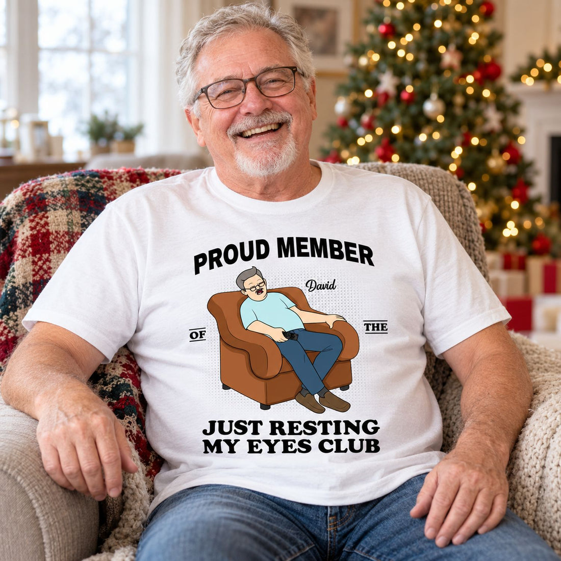 Grandpa wearing Proud Member Of Just Resting My Eyes Club personalized shirt in armchair