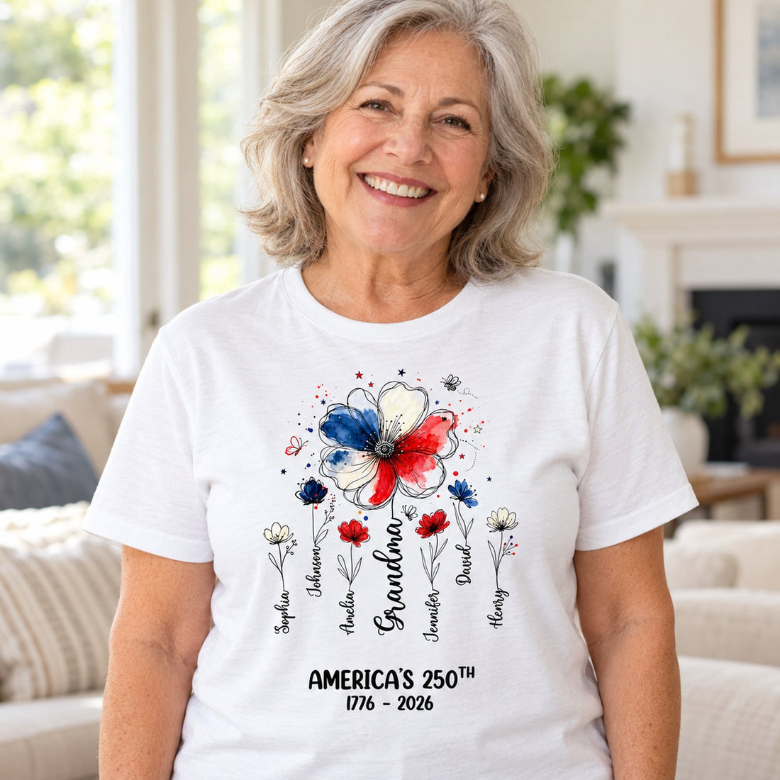 Grandma wearing personalized America 250th floral t-shirt in bright living room