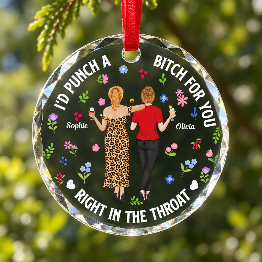 Close-up detail of faceted glass edge and print on Punch Bitch Besties ornament
