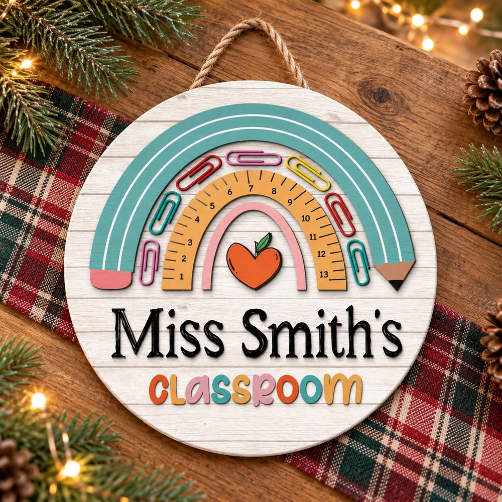 Rainbow teacher round wood sign lying flat with Christmas greenery and fairy lights