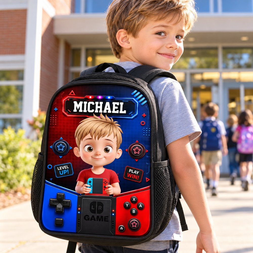 Personalized gamer kid backpack worn by a young boy walking to school