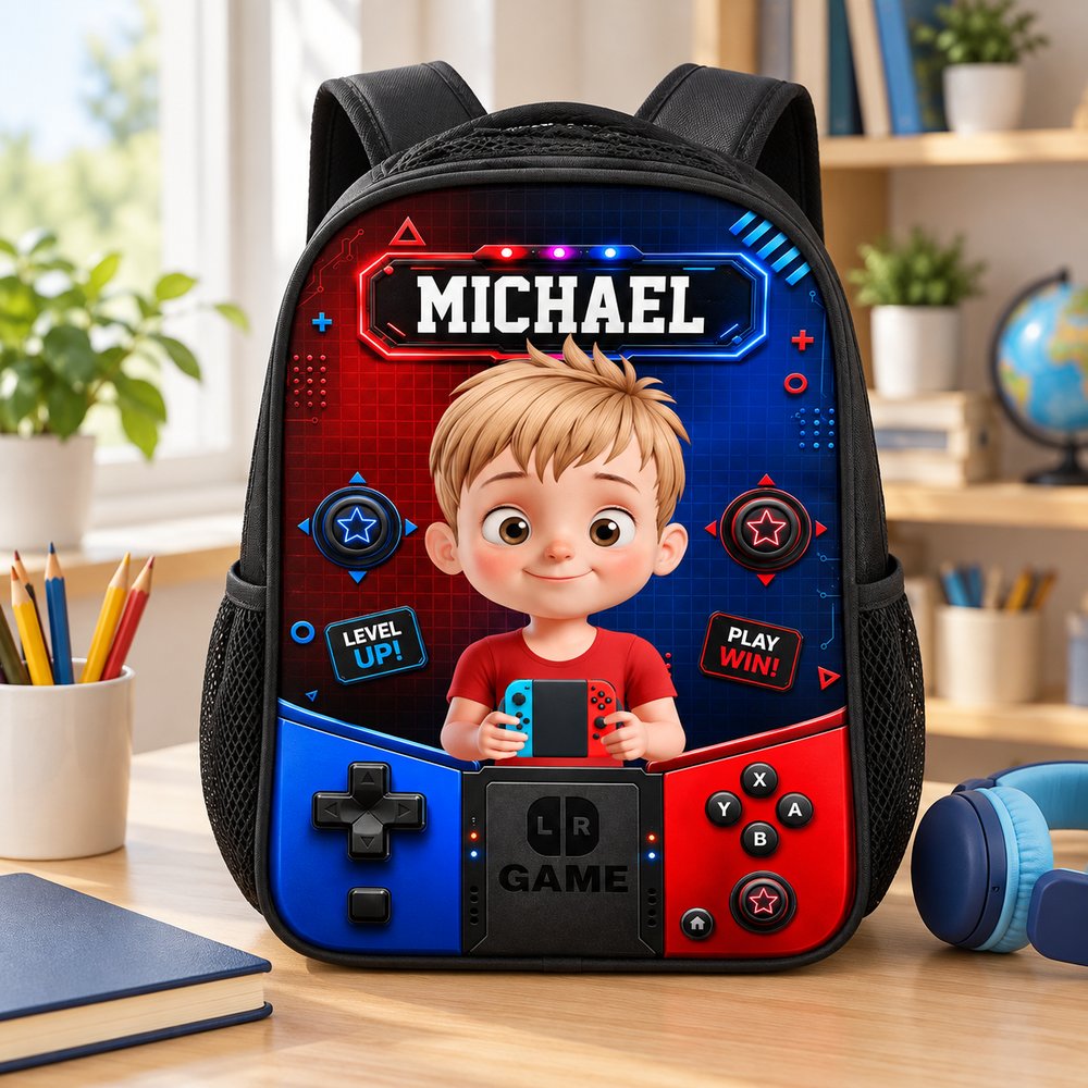 Personalized gamer kid backpack on a desk next to school supplies for scale