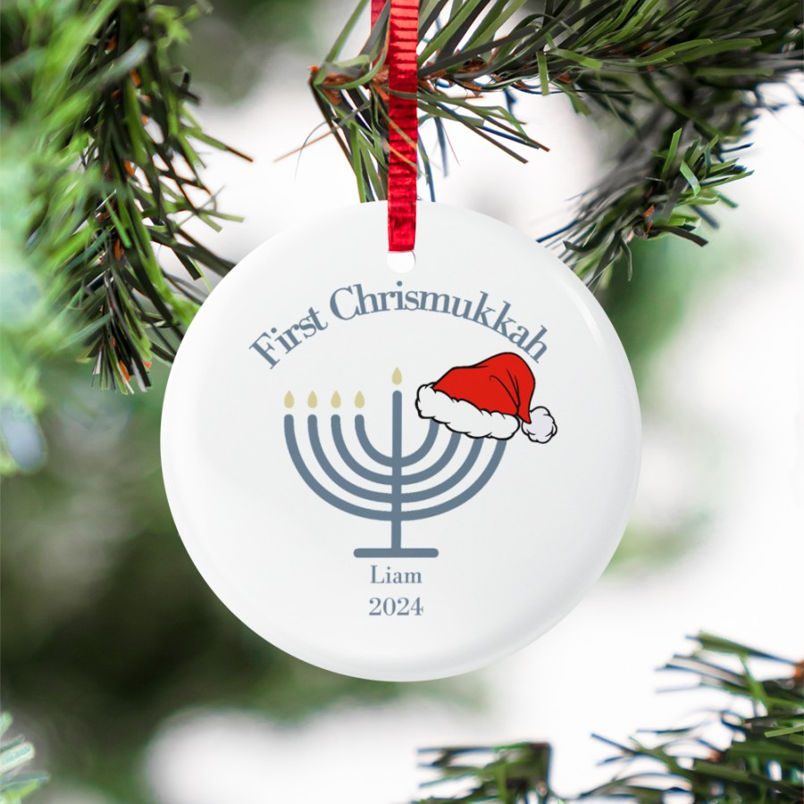 First Chrismukkah - Personalized Circle Ceramic Ornament - Interfaith Family Gift Ideas, Jewish and Christian Family Decorations