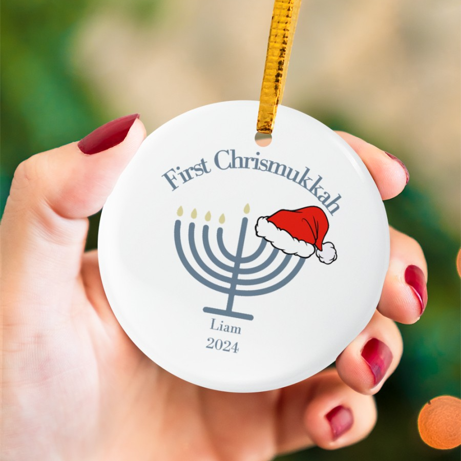 First Chrismukkah - Personalized Circle Ceramic Ornament - Interfaith Family Gift Ideas, Jewish and Christian Family Decorations