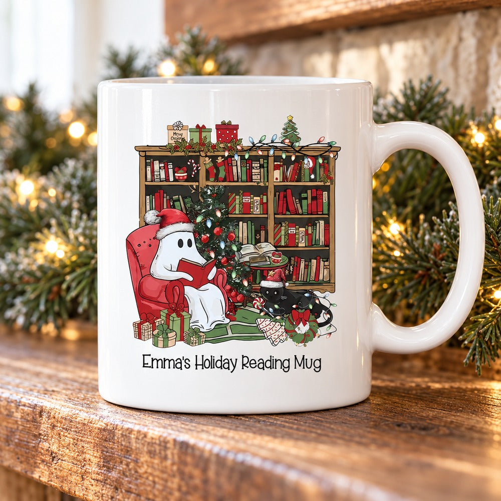 Personalized Christmas ghost reading mug on a festive pine-draped mantel