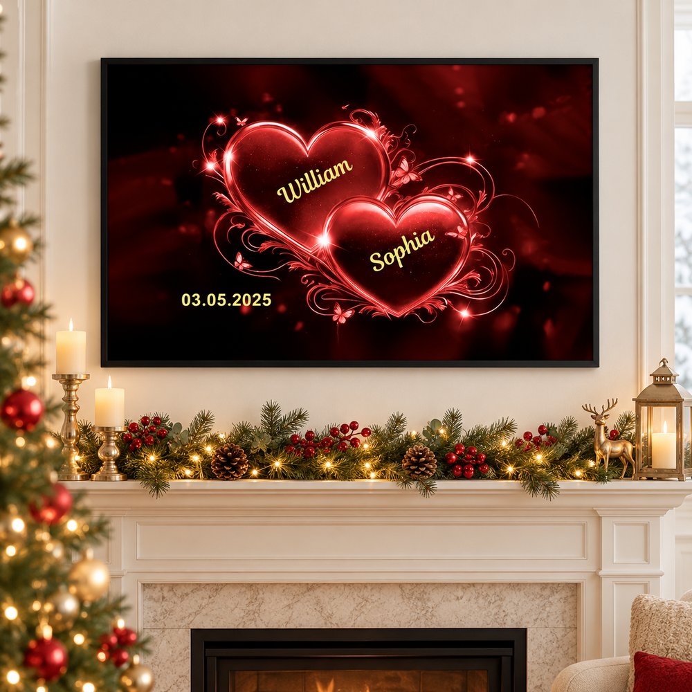 Romantic Couple Heart personalized poster hanging above a holiday mantel with Christmas greenery