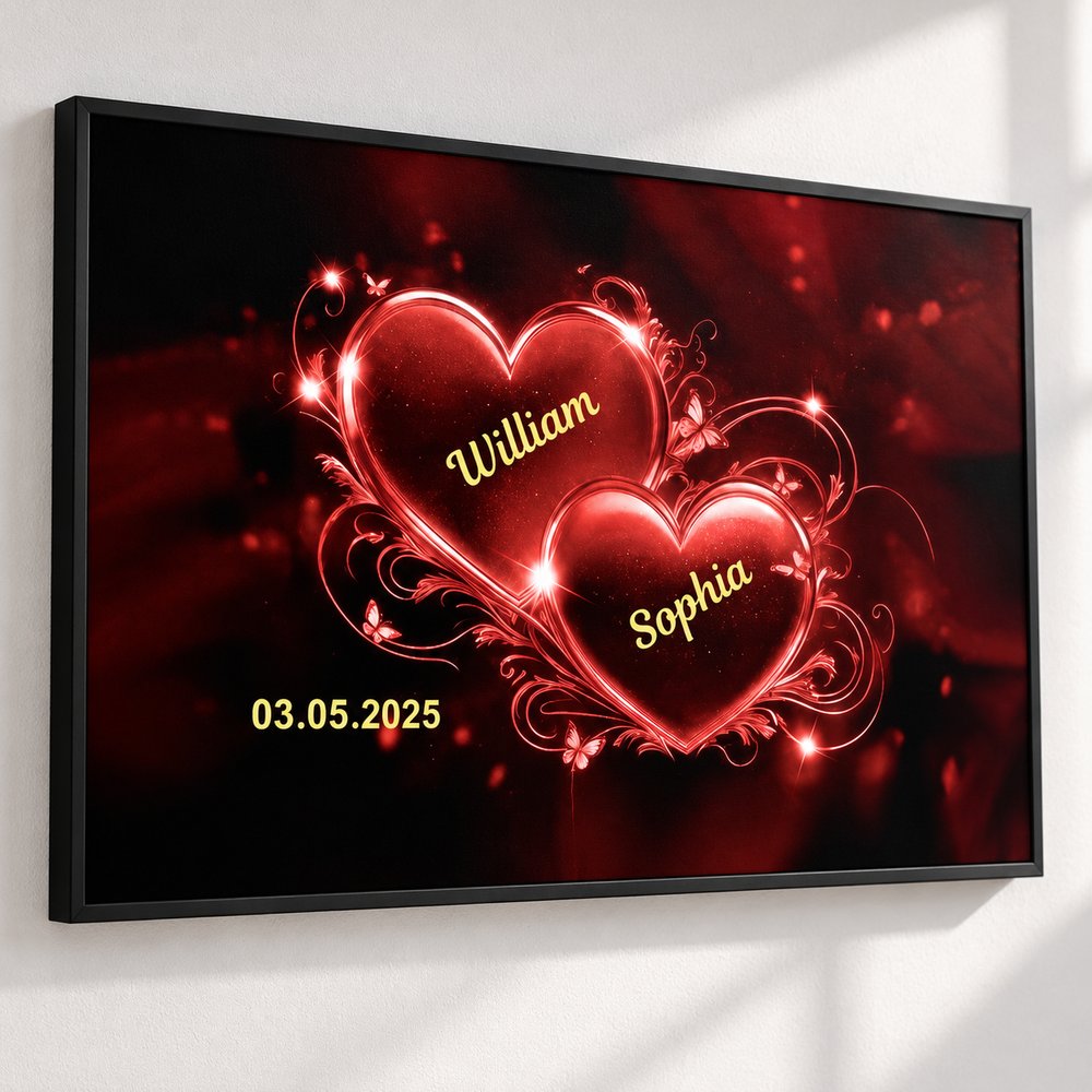 Close-up detail of the Romantic Couple Heart print texture, filigree swirls, and custom names