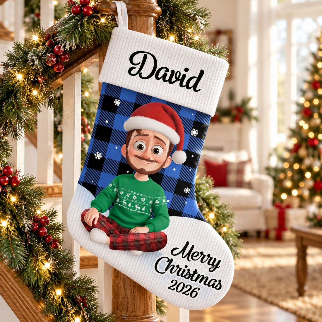 Personalized David Christmas stocking hanging on a festive staircase with pine garland