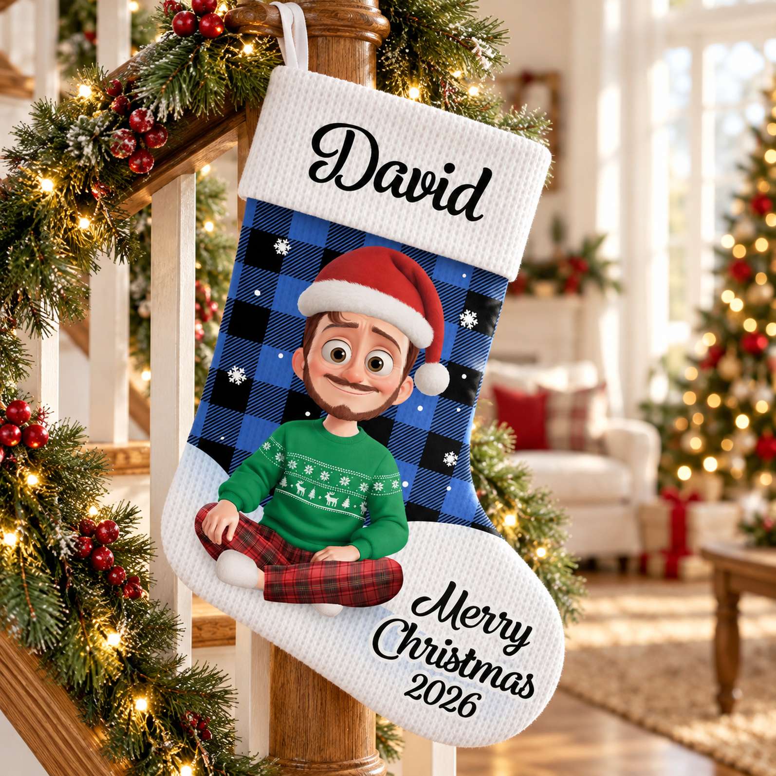Personalized David Christmas stocking hanging on a festive staircase with pine garland