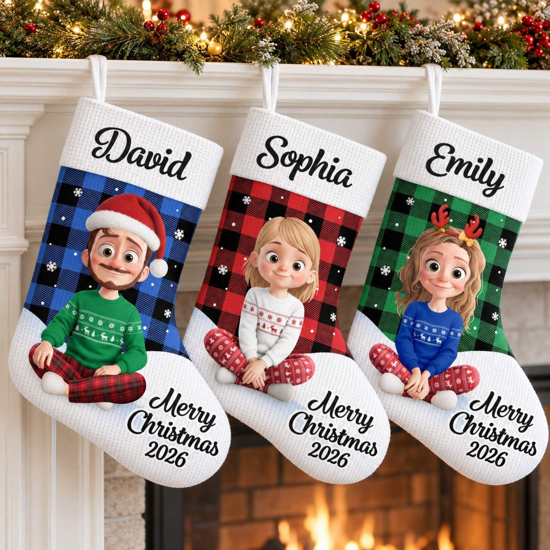 Set of three personalized family Christmas stockings hanging on a holiday fireplace mantel